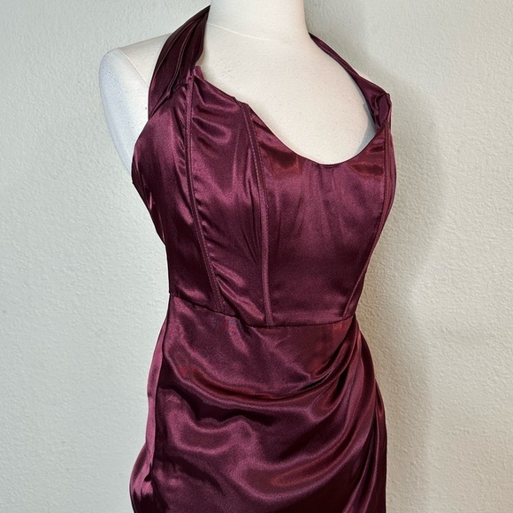 Galina Halter Corseted Bustier Draped Formal Gown Prom Burgundy Size 4 Wedding - Picture 3 of 15